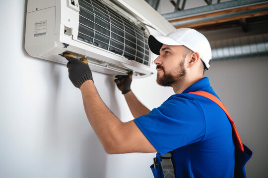 Air conditioning technician servicing a wall-mounted AC unit in Littleton, CO