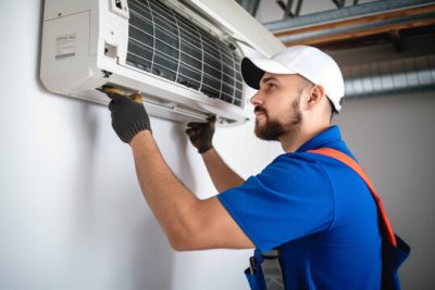 Air conditioning technician servicing a wall-mounted AC unit in Littleton, CO