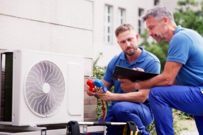 HVAC technicians reviewing an outdoor air conditioning unit in Littleton, CO
